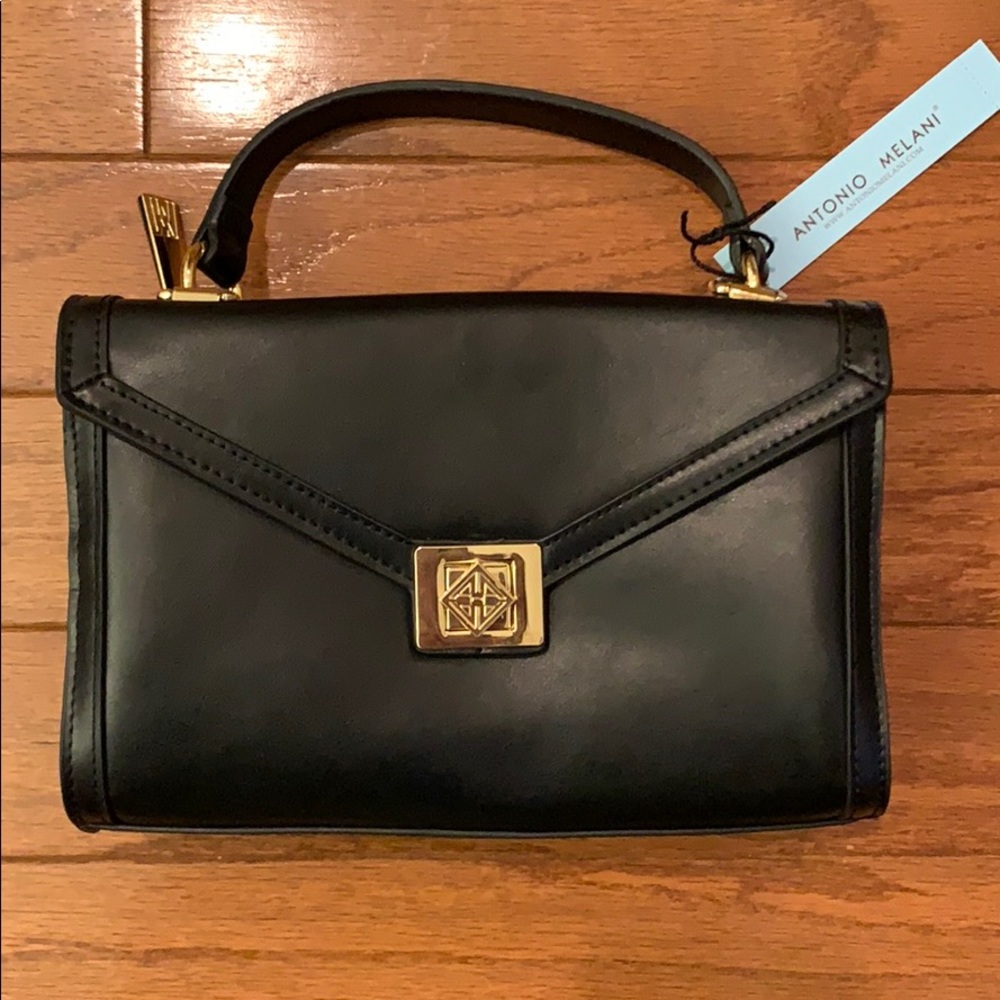 Antonio Melani black leather turn lock flap purse